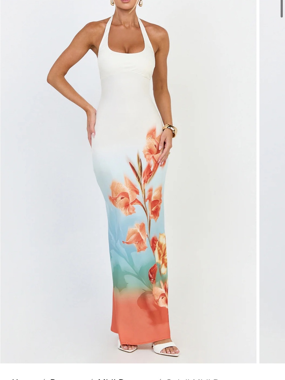 Showpo White Halter Maxi Dress with Coral & Aqua Floral Ombre